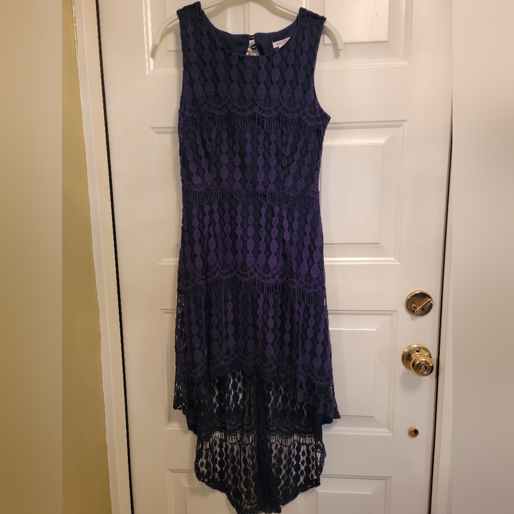 Navy blue soft lace tank dress semiformal high low fully lined sz Small